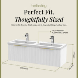 Balterley Fluted Front Wall Hung 2-Drawer Bathroom Vanity Unit With Double Basin, 1200mm, Satin White, Brushed Brass Handles - thumbnail 5