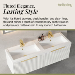 Balterley Fluted Front Wall Hung 2-Drawer Bathroom Vanity Unit With Double Basin, 1200mm, Satin White, Brushed Brass Handles - thumbnail 4