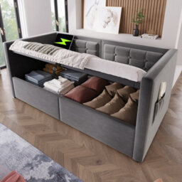 Matteo Grey Velvet Daybed: 3Ft Single Upholstered Sofa Bed With Usb & Type-C Charging, Hydraulic Storage - thumbnail 8