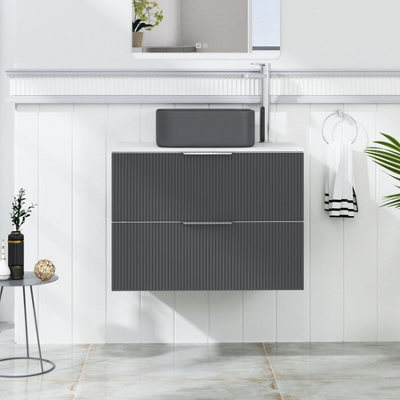 Royal Bathrooms Evora 700mm Graphite Grey Fluted Wall Hung Countertop Vanity Unit 2 Drawer With Art Square Basin - image 1