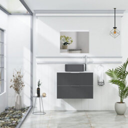 Royal Bathrooms Evora 700mm Graphite Grey Fluted Wall Hung Countertop Vanity Unit 2 Drawer With Art Square Basin - thumbnail 2