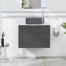 Royal Bathrooms Evora 700mm Graphite Grey Fluted Wall Hung Countertop Vanity Unit 2 Drawer With Art Square Basin - thumbnail 1