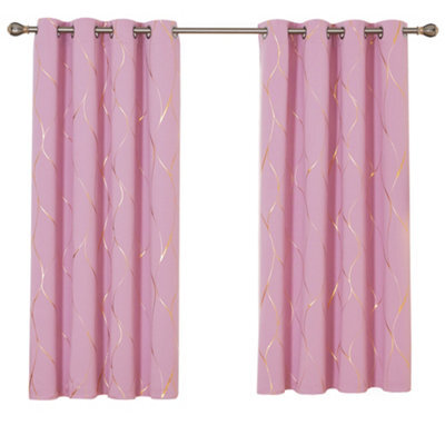Deconovo Eyelet Thermal Insulated Curtains, Gold Wave Foil Printed Blackout Ring Top Curtains, W46 X L54 Inch, Pink, 1 Pair - image 1