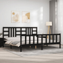 Berkfield Bed Frame With Headboard Black 200X200 Cm Solid Wood - thumbnail 3