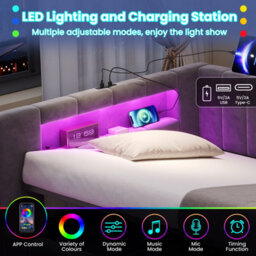 Btm 3Ft Single Velvet Ottoman Bed, Side Lift Hydraulic Storage, Rgb Led Lighting, Usb & Type-C Charging, Grey - thumbnail 8