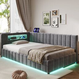 Btm 3Ft Single Velvet Ottoman Bed, Side Lift Hydraulic Storage, Rgb Led Lighting, Usb & Type-C Charging, Grey - thumbnail 4