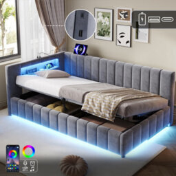 Btm 3Ft Single Velvet Ottoman Bed, Side Lift Hydraulic Storage, Rgb Led Lighting, Usb & Type-C Charging, Grey - thumbnail 1