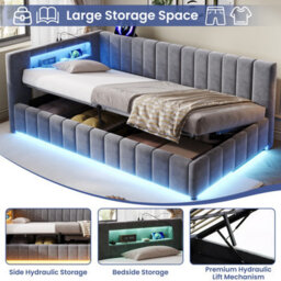 Btm 3Ft Single Velvet Ottoman Bed, Side Lift Hydraulic Storage, Rgb Led Lighting, Usb & Type-C Charging, Grey - thumbnail 7