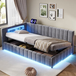 Btm 3Ft Single Velvet Ottoman Bed, Side Lift Hydraulic Storage, Rgb Led Lighting, Usb & Type-C Charging, Grey - thumbnail 2