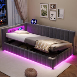 Btm 3Ft Single Velvet Ottoman Bed, Side Lift Hydraulic Storage, Rgb Led Lighting, Usb & Type-C Charging, Grey - thumbnail 3