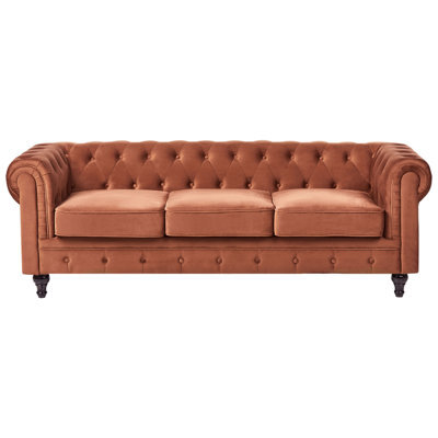 Beliani Sofa 3 Seater Chesterfield Velvet Golden Brown - image 1