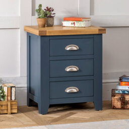 The Furniture Market Westbury Blue Painted 3 Drawer Bedside Table Light Oak Top, Brushed Steel Handles, Spacious Storage, Premium Quality - thumbnail 1