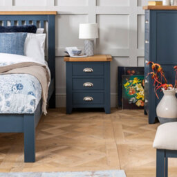 The Furniture Market Westbury Blue Painted 3 Drawer Bedside Table Light Oak Top, Brushed Steel Handles, Spacious Storage, Premium Quality - thumbnail 4