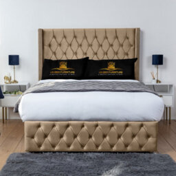 UKBEDFURNITURE Jasmine Beige Plush Wingback Divan Bed Base With 54 Inch Headboard & 10 Inch Orthopaedic Mattress - No Storage - thumbnail 1