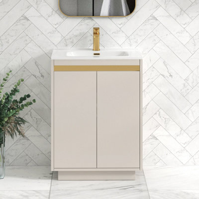 Royal Bathrooms Orion 600mm Warm Taupe 2 Door Floor Standing Vanity Unit With Ceramic Basin & Brushed Brass Strip - image 1