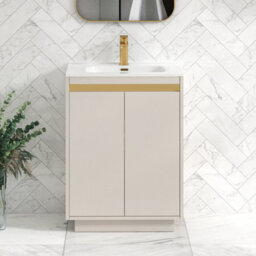 Royal Bathrooms Orion 600mm Warm Taupe 2 Door Floor Standing Vanity Unit With Ceramic Basin & Brushed Brass Strip
