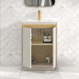 Royal Bathrooms Orion 600mm Warm Taupe 2 Door Floor Standing Vanity Unit With Ceramic Basin & Brushed Brass Strip - thumbnail 4