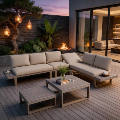 Fenchilin Garden Lounge Set 5-6 Seater Patio Sofa With Tables Reclining Adjustable Seating Khaki, Beige
