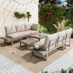 Fenchilin Garden Lounge Set 5-6 Seater Patio Sofa With Tables Reclining Adjustable Seating Khaki, Beige - thumbnail 2