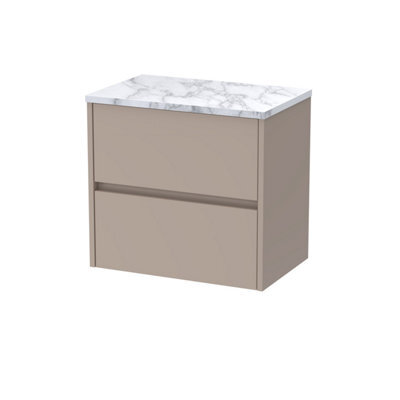 Balterley Chartley Contemporary Wall Hung 2 Drawer Vanity Unit With Carrera Marble Laminate Worktop, 600mm, Taupe - image 1