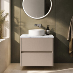 Balterley Chartley Contemporary Wall Hung 2 Drawer Vanity Unit With Carrera Marble Laminate Worktop, 600mm, Taupe - thumbnail 2