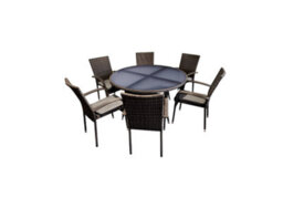 Sh&g Heaton 6 Seat Dining Table Set - 7 Piece Round Table & Chairs - Brown Rattan With Grey Cushions - Indoor & Outdoor