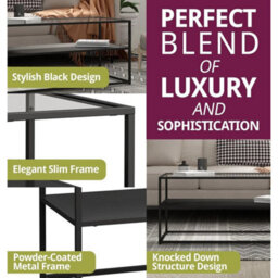 Black Coffee Table, Metal Centre Table With Tempered Glass Top And Lower Shelf - thumbnail 3