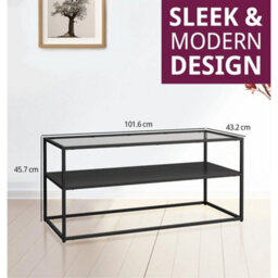Black Coffee Table, Metal Centre Table With Tempered Glass Top And Lower Shelf - thumbnail 2