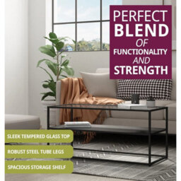 Black Coffee Table, Metal Centre Table With Tempered Glass Top And Lower Shelf - thumbnail 4