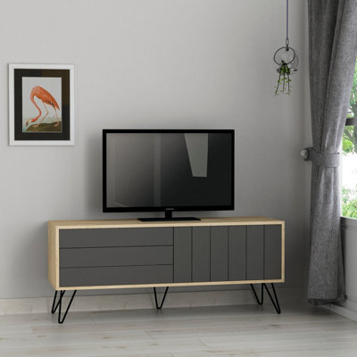 "Decortie Picadilly Modern Tv Unit Multimedia Centre Storage Cabinet Oak Anthracite Grey 139Cm For 55"" Tv" - image 1