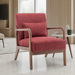 Burgundy Red Wooden Accent Chair For Living Room Hertford - Cotton Fabric - Flat Pack - thumbnail 1