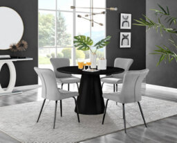 Furniturebox Uk Palma Black Semi-Gloss Round Pedestal Dining Table & 4 Light Grey Velvet Nora Black Leg Chairs - thumbnail 1