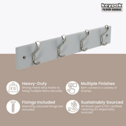 Keypak Wall-Mounted Coat Rack - 4 Hooks On Modern Wooden Base For Wall & Door - 38Cm (Satin Nickel/dove Grey) - thumbnail 2