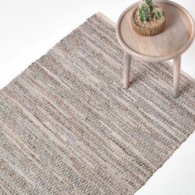 Homescapes Grey Real Leather Handwoven Diamond Pattern Rug, 150 X 240 Cm - image 1