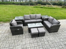 Fimous High Back Rattan Garden Furniture Set With Coffee Table 2 Side Tables 2 Small Footstools Outdoor Patio Lounge Sofa Set - thumbnail 2