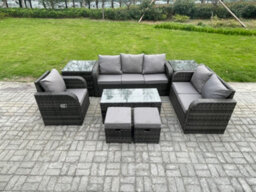 Fimous High Back Rattan Garden Furniture Set With Coffee Table 2 Side Tables 2 Small Footstools Outdoor Patio Lounge Sofa Set - thumbnail 1