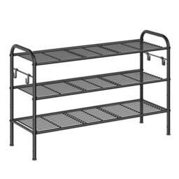 LEDREM Shoe Rack, 3-Tier Shoe Organizer, Metal Shoe Shelf Storage With 4 Side Hooks, Holds 15 Pairs Of Shoes - thumbnail 4