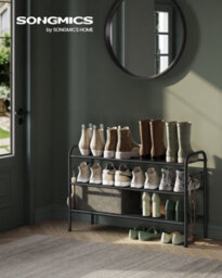 LEDREM Shoe Rack, 3-Tier Shoe Organizer, Metal Shoe Shelf Storage With 4 Side Hooks, Holds 15 Pairs Of Shoes - thumbnail 1