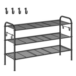 LEDREM Shoe Rack, 3-Tier Shoe Organizer, Metal Shoe Shelf Storage With 4 Side Hooks, Holds 15 Pairs Of Shoes - thumbnail 3