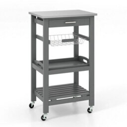 Grey Rolling Kitchen Storage Trolley Stainless Steel Top Cupboard - thumbnail 1