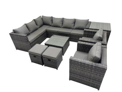 Fimous Rattan Garden Furniture Patio Furniture Sets With Square Coffee Table 2 Small Footstools Side Table Dark Grey Mixed - image 1