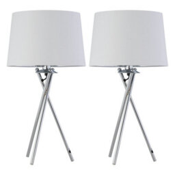 First Choice Lighting Set Of 2 Tripod - Chrome Lamps With White & Silver Fabric Shade