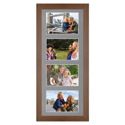 AK Frames 50X20Cm Walnut Modern Multi Photo Frame With Mid Grey Mount - Holds 4 Apertures (4X) 6X4 Photos - image 1