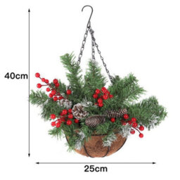 Artificial Christmas Holly Basket Hanging Topiary Garden Basket Flower Winter - thumbnail 2