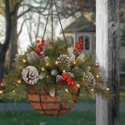 Artificial Christmas Holly Basket Hanging Topiary Garden Basket Flower Winter - thumbnail 6