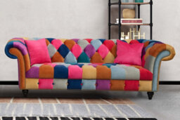 Multicoloured Velvet Patchwork 3 Seater Scroll Arm Chesterfield Sofa - thumbnail 2
