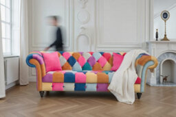 Multicoloured Velvet Patchwork 3 Seater Scroll Arm Chesterfield Sofa - thumbnail 9