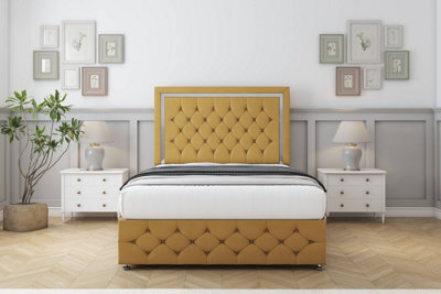"Comfort Sofia Chrome Mustard Plush Divan Bed Set No Drawers - 54"" Floor Standing & 12"" Footboard 4' Small Double" - image 1