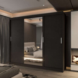 Sliding Wardrobes 4 u LTD Modern Sliding Wardrobe Led Light - Full Length Mirror Center Panel, Soft-Close 3 Doors Wardrobe - Black 250Cm - thumbnail 1