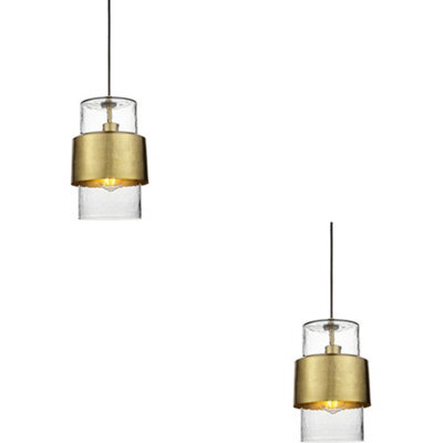 Loops 2 Pack Hanging Ceiling Pendant Light - Hammered Brass Plate & Textured Clear Glass - 10W Led E27 - image 1